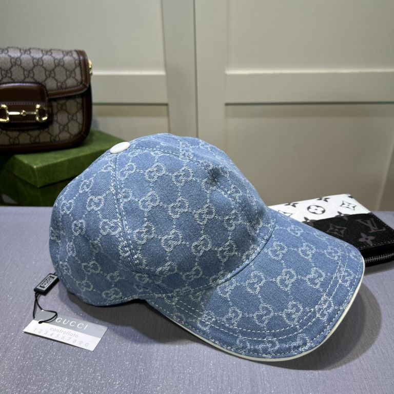 Gucci (Gucci) classic original single baseball cap, double G denim jacquard, retro design, counter 11 open mold order! Original denim fabric   head layer cowhide, lightweight and breathable! In-kind shooting, men and wom