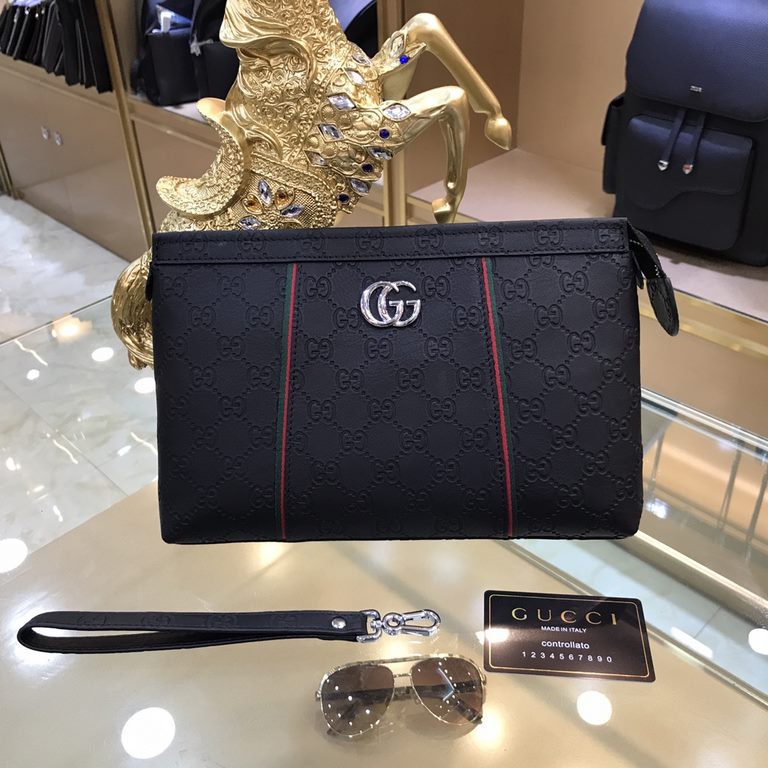 GUCCI Gucci The latest explosion of men's clutch bags, high-end imported double G flower leather leather grain clear leather gloss is excellent, leather feel soft and comfortable    perfect interpretation of the quality 