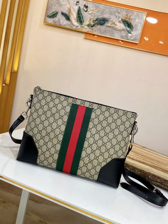 Buy Authentic PublishingFlat Messenger Shoulder Bag with a removable shoulder strap, crafted in Gucci's signature GG Supreme premium faux canvas in a black and gray combination. In addition to the GG pattern, a webbing s