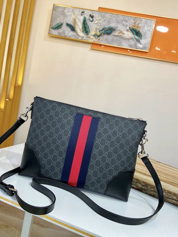 Buy Authentic PublishingFlat Messenger Shoulder Bag with a removable shoulder strap, crafted in Gucci's signature GG Supreme premium faux canvas in a black and gray combination. In addition to the GG pattern, a webbing s