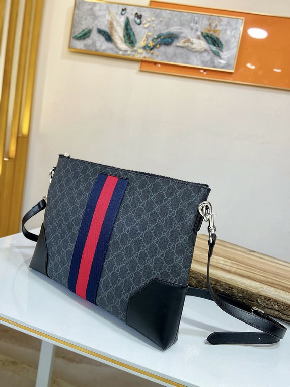 Buy Authentic PublishingFlat Messenger Shoulder Bag with a removable shoulder strap, crafted in Gucci's signature GG Supreme premium faux canvas in a black and gray combination. In addition to the GG pattern, a webbing s