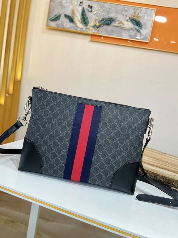 Buy Authentic PublishingFlat Messenger Shoulder Bag with a removable shoulder strap, crafted in Gucci's signature GG Supreme premium faux canvas in a black and gray combination. In addition to the GG pattern, a webbing s