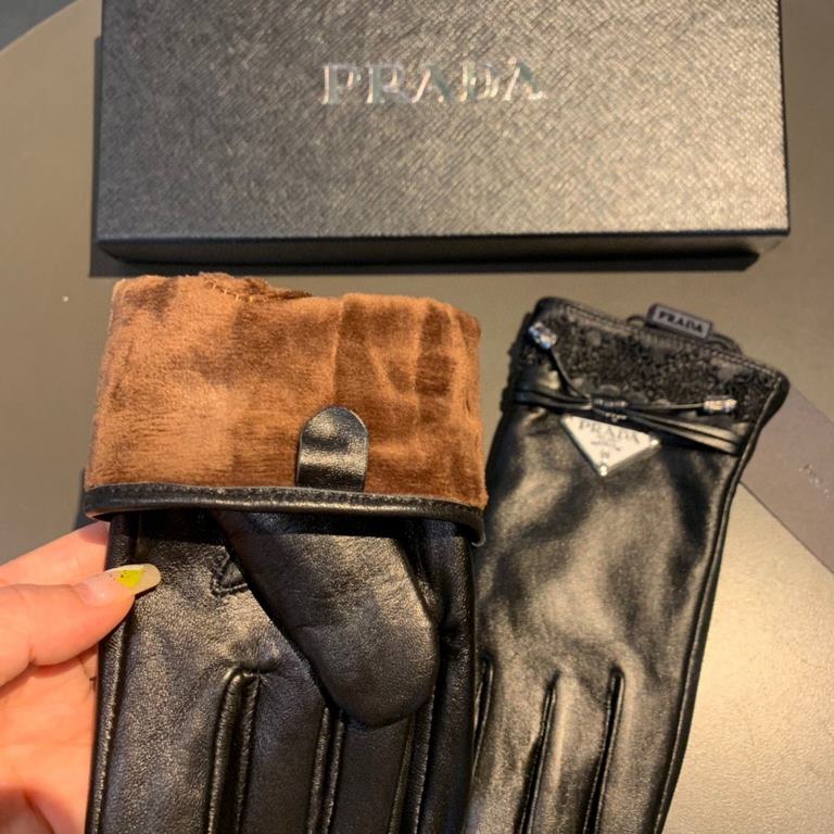 2022 new exclusive first  touch screen gloves Prada wave flower   edge gloves [original quality] official synchronization of the official website Ms. new high-grade sheepskin gloves    goddesses preferred can not be miss