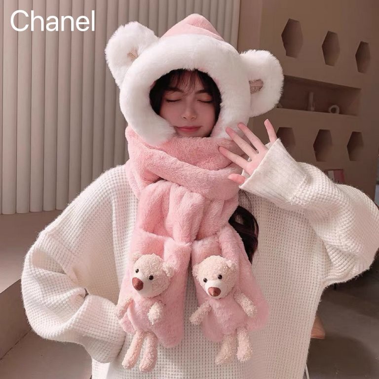 Chanel Chanel bear three-piece women's winter warm thickened plush hat scarf gloves all-in-one winter cute cycling scarf