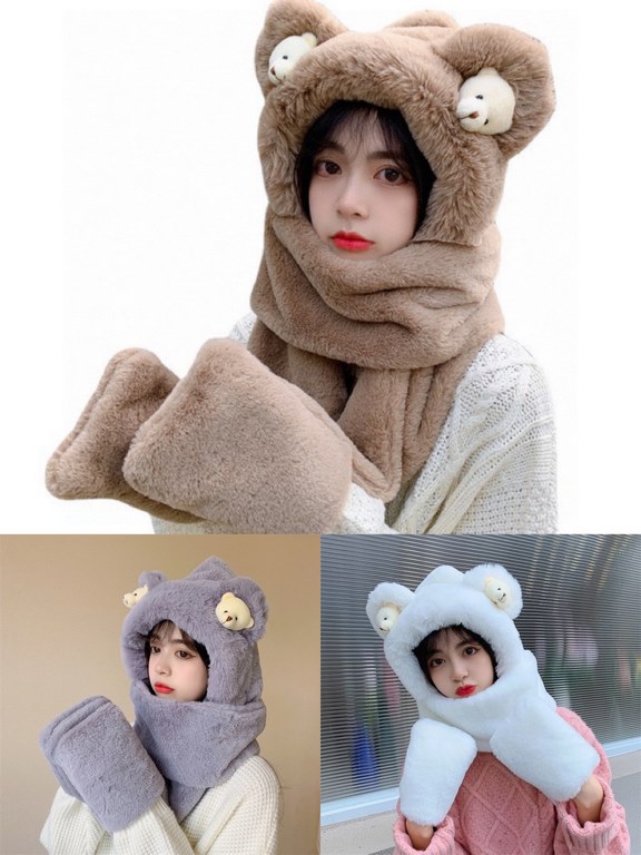 Chanel Chanel 2021 bear hat women's fall and winter girls cycling ear protection warm plush hooded scarf gloves three-piece set