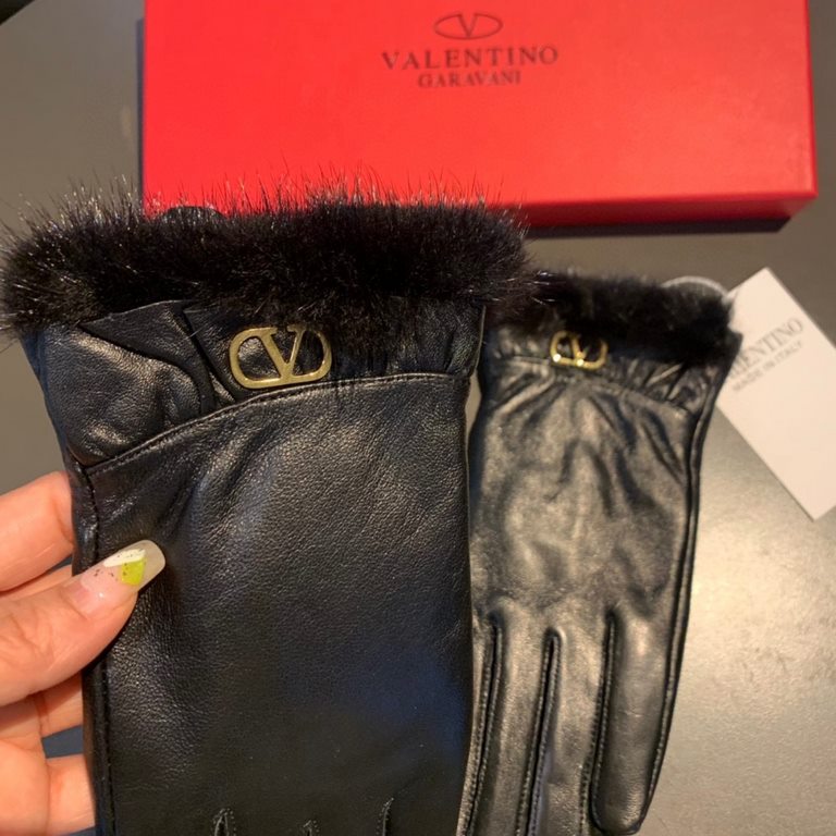 2022 new exclusive first  Valentino VALENTINO mink fur trim touch screen women's gloves [original quality] official website synchronization women's new high-grade sheepskin gloves    goddess preferred can not be missed  