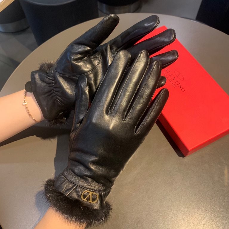 2022 new exclusive first  Valentino VALENTINO mink fur trim touch screen women's gloves [original quality] official website synchronization women's new high-grade sheepskin gloves    goddess preferred can not be missed  