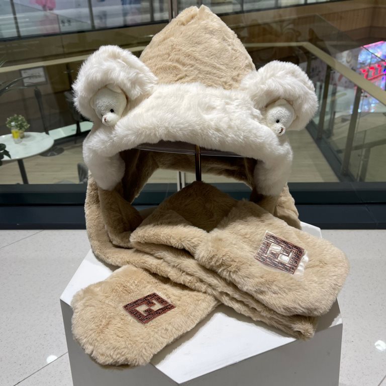 FENDL Fendi winter faux rabbit hair hat scarf gloves all-in-one three-piece female cute plush scarf hooded warm set tide