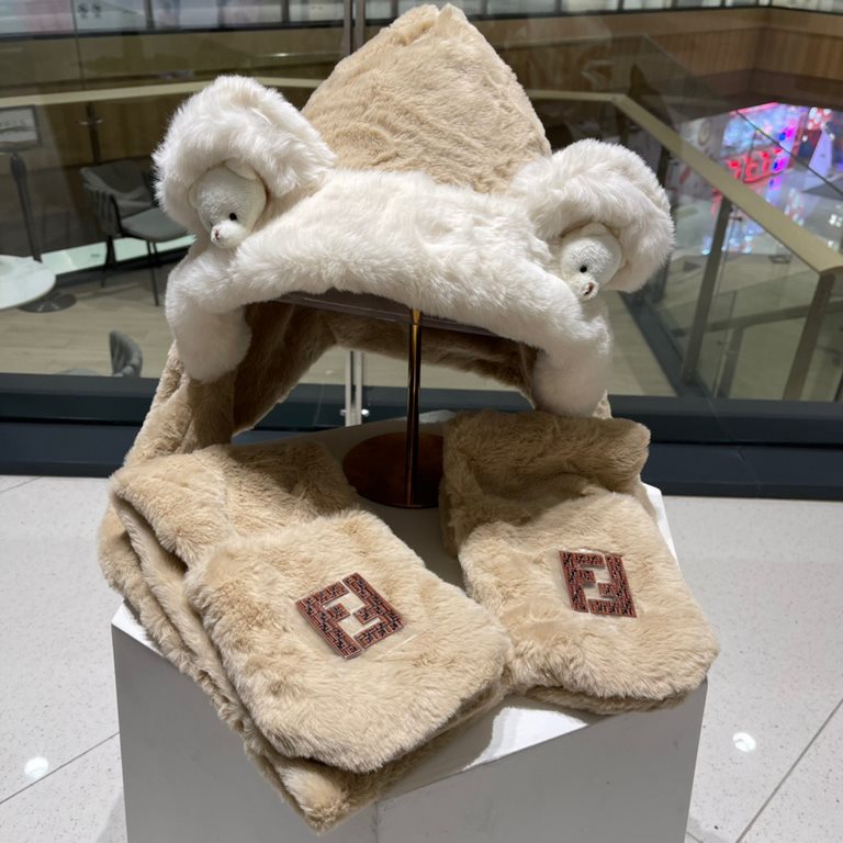 FENDL Fendi winter faux rabbit hair hat scarf gloves all-in-one three-piece female cute plush scarf hooded warm set tide