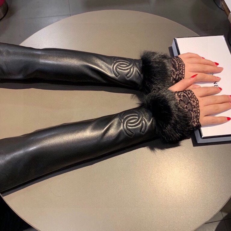 PackagingCHANEL CHANEL women's models explosive models open finger with sleeve long gloves Imported original leather (first-class sheepskin)  raccoon fur    mercerized lining   elastic fabric physical super beautiful exp