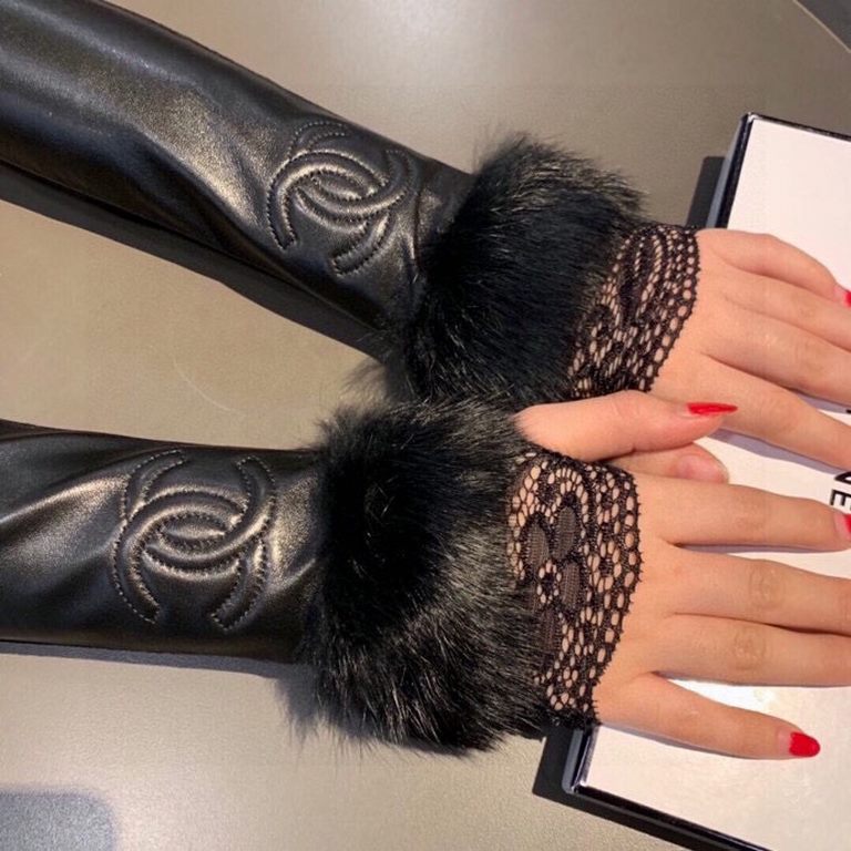 PackagingCHANEL CHANEL women's models explosive models open finger with sleeve long gloves Imported original leather (first-class sheepskin)  raccoon fur    mercerized lining   elastic fabric physical super beautiful exp