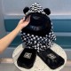 Chanel Chanel winter cute rabbit hair black and white squares color blocking hat scarf gloves a three-piece set of padded cold warm scarf