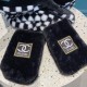 Chanel Chanel winter cute rabbit hair black and white squares color blocking hat scarf gloves a three-piece set of padded cold warm scarf