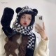 Chanel Chanel winter cute rabbit hair black and white squares color blocking hat scarf gloves a three-piece set of padded cold warm scarf