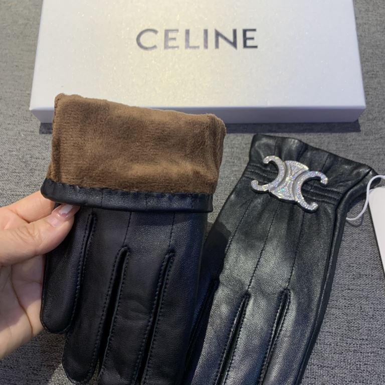 2022 new exclusive first   touch screen gloves CELINE CELINE   drill (original quality) official website synchronization women's new high-grade sheepskin gloves    goddess preferred can not be missed     100% selection o