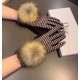 2023 Dior Dior counter new large fox fur ball   wool gloves   fashion gloves, fall and winter warm must-have, padded lining, thousand bird check   on the hand super comfortable and soft,   versatile! With box   average s