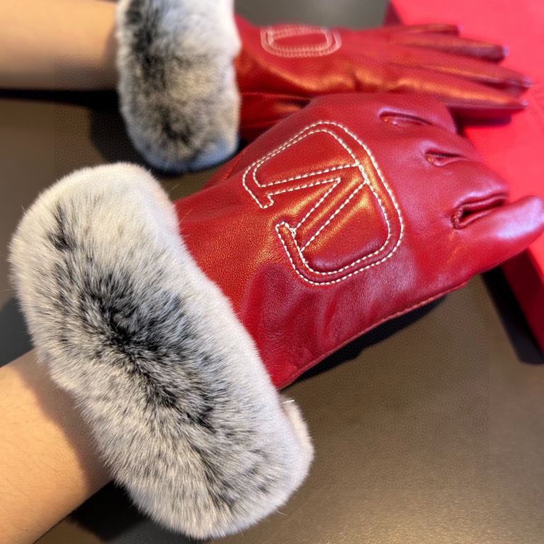 2023 new exclusive first  Valentino VALENTINO long lazy rabbit hair   touch screen women's gloves [original quality] official website synchronization women's new high-grade sheepskin gloves    goddesses preferred can not