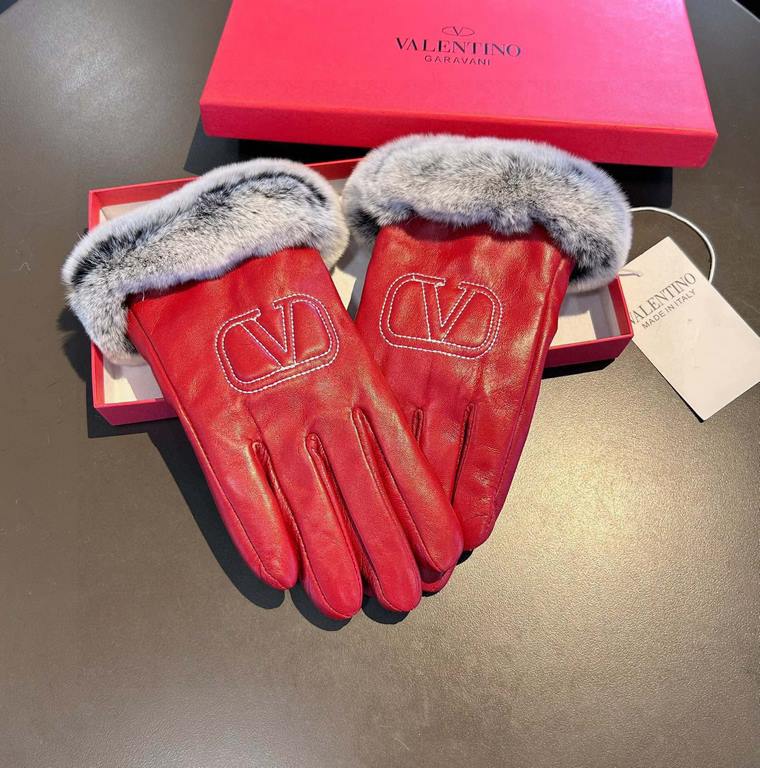 2023 new exclusive first  Valentino VALENTINO long lazy rabbit hair   touch screen women's gloves [original quality] official website synchronization women's new high-grade sheepskin gloves    goddesses preferred can not