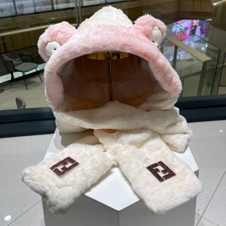 FENDL Fendi winter faux rabbit hair hat scarf gloves all-in-one three-piece female cute plush scarf hooded warm set tide