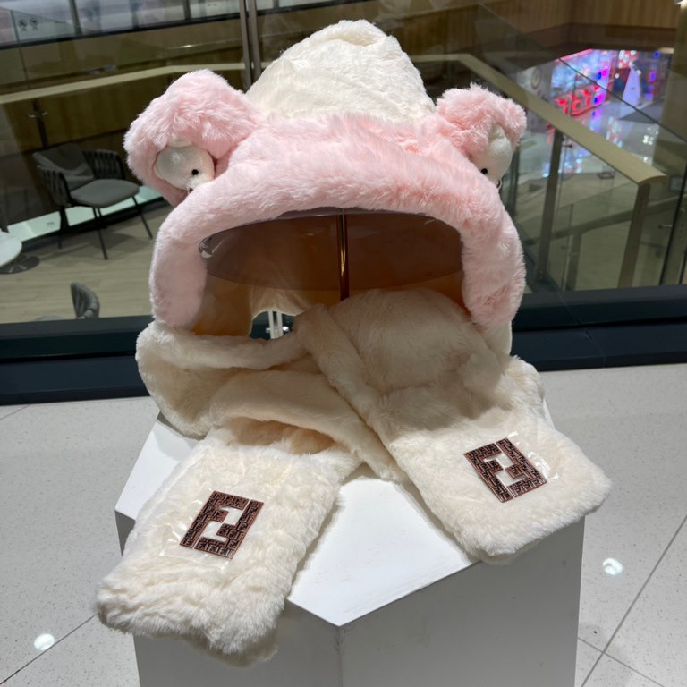 FENDL Fendi winter faux rabbit hair hat scarf gloves all-in-one three-piece female cute plush scarf hooded warm set tide