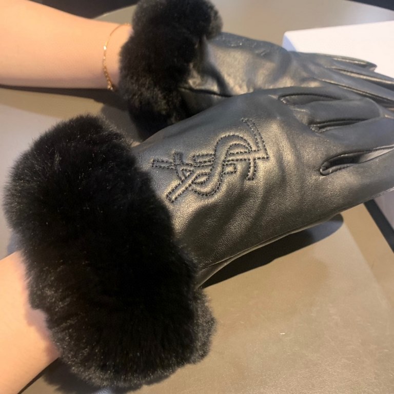 With box2022 new exclusive first  Saint Laurent YLS lazy rabbit   hair touch screen women's gloves [original quality] official website synchronization women's new high-grade sheepskin gloves    goddess preferred can not 