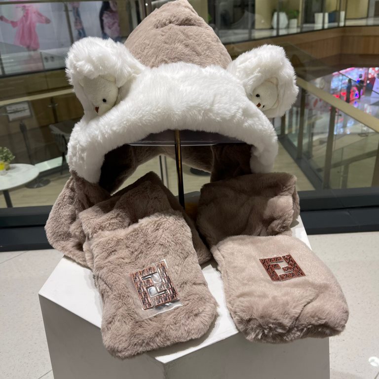 FENDL Fendi winter faux rabbit hair hat scarf gloves all-in-one three-piece female cute plush scarf hooded warm set tide