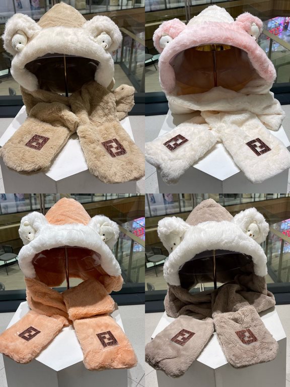 FENDL Fendi winter faux rabbit hair hat scarf gloves all-in-one three-piece female cute plush scarf hooded warm set tide