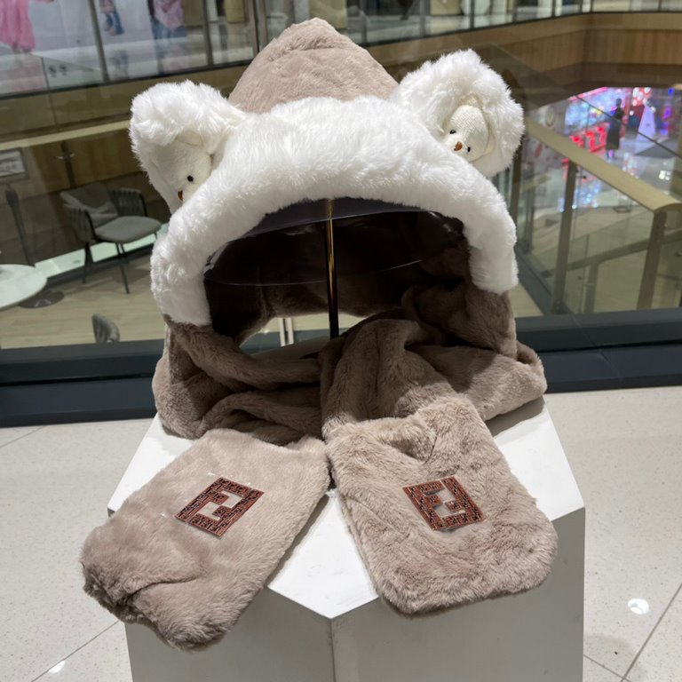 FENDL Fendi winter faux rabbit hair hat scarf gloves all-in-one three-piece female cute plush scarf hooded warm set tide