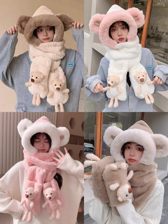 Chanel Chanel bear three-piece women's winter warm thickened plush hat scarf gloves all-in-one winter cute cycling scarf