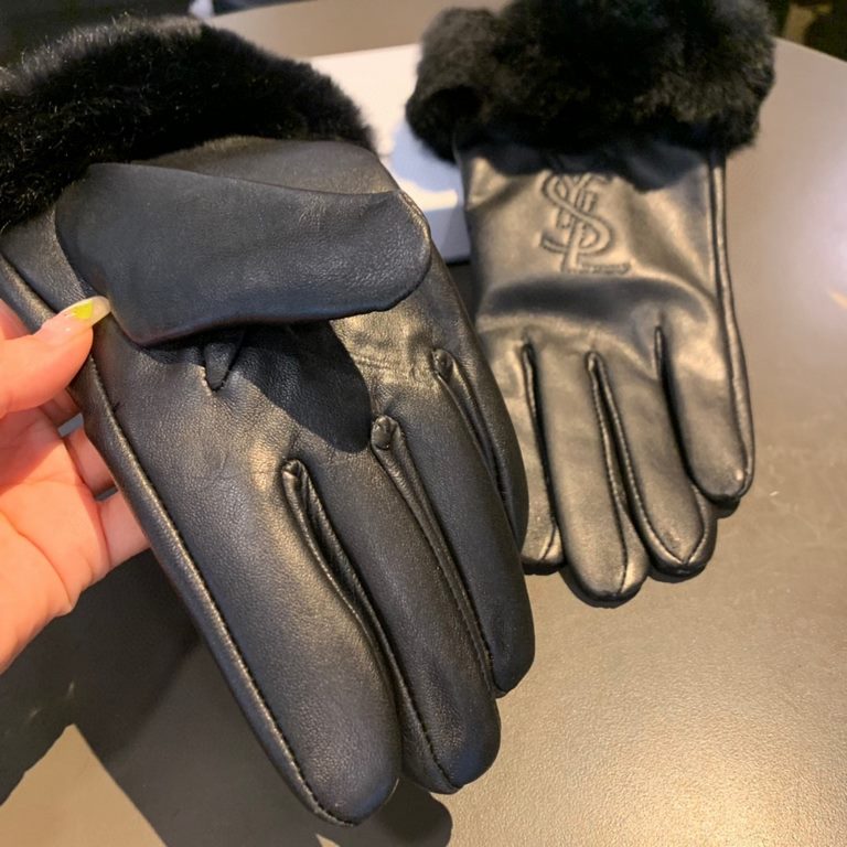 With box2022 new exclusive first  Saint Laurent YLS lazy rabbit   hair touch screen women's gloves [original quality] official website synchronization women's new high-grade sheepskin gloves    goddess preferred can not 