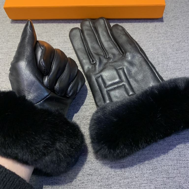 HERMES Hermes  2022  Fall and Winter Big H Lazy Rabbit Hair Sheepskin Gloves   mobile touch screen, worth comparing    the same model with different qualities, kill the market poor products, imported first-class sheepski