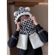 Chanel Chanel winter cute rabbit hair black and white squares color blocking hat scarf gloves a three-piece set of padded cold warm scarf