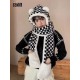 Chanel Chanel winter cute rabbit hair black and white squares color blocking hat scarf gloves a three-piece set of padded cold warm scarf