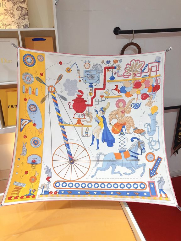 SHMS2305 ORIGINAL HERMES [Afternoon Tea for Two] 90cm Silk Square Scarf  Jonathan Burton's creation of a superheroine needs a cup of Afternoon Tea with magical vitamins in order to continue to work her helmeted winged ma