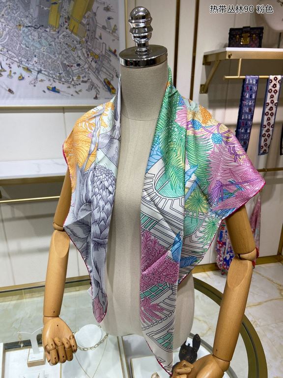 Silk new   bought said good-looking   recommended   [Tropical Rainforest 90] silk square scarf, the top process value   Hermes counter models     three-dimensional rendering of the pattern pattern in kind grade is extrem