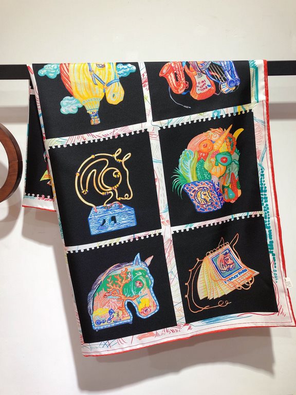 SHMS2316 Original HERMES [Stallion Prism] 90cm Silk Square Scarf  The designer depicted sixteen stallions on the square scarf, combining Hermès' cherished animals with a wide range of leisure activities, meticulously ren