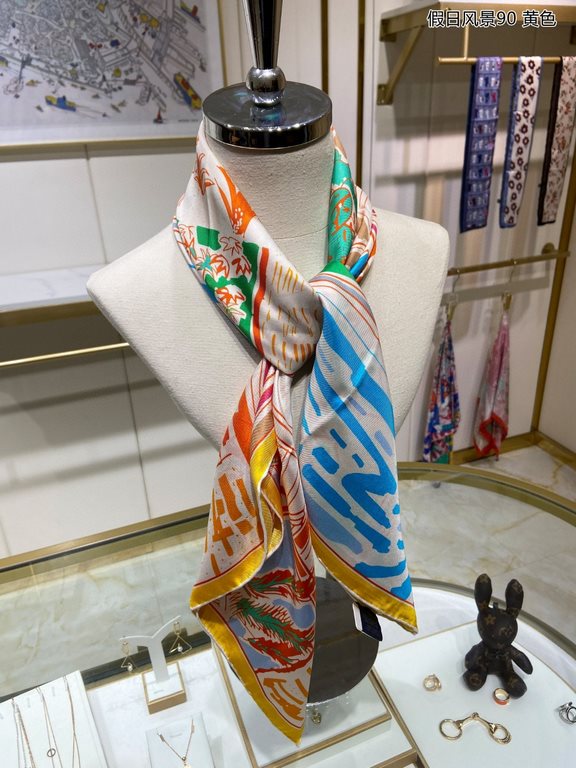 Silk new   bought said good-looking   recommended   [Holiday Scenery 90] silk square scarf, the top process value   Hermes counter models     three-dimensional rendering of the pattern pattern texture in kind of high gra