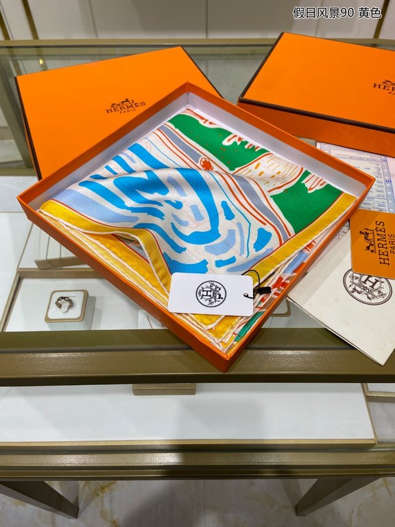 Silk new   bought said good-looking   recommended   [Holiday Scenery 90] silk square scarf, the top process value   Hermes counter models     three-dimensional rendering of the pattern pattern texture in kind of high gra