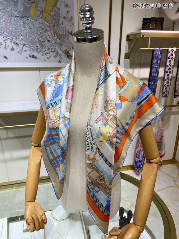 Silk new   bought said good-looking   recommended   [Modern Times 90] silk square scarf, the top process value   Hermes counter models     three-dimensional rendering of the pattern pattern in kind grade is extremely hig