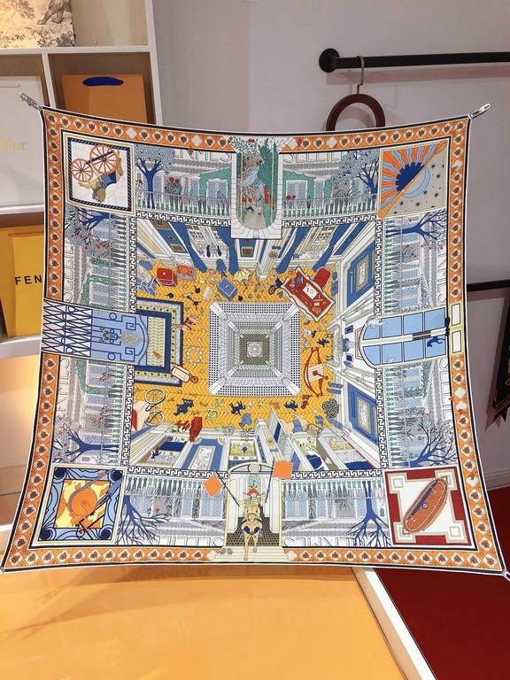 SHMS2308 Hermes [Curiosities] 90cm silk square scarf, the Knight of Hermes Fireworks invites us to cross the threshold of the building, topped by a fragrant garden. Open a wonderful static journey ...... Inside, a goat c