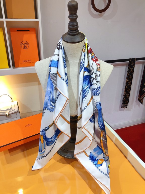 SHMS2272  Hermès [Stallions in Parade] 90cm silk square scarf draws its inspiration from catalog albums of equestrian paraphernalia published in the 19th century to create this image. The colorful objects hover around th