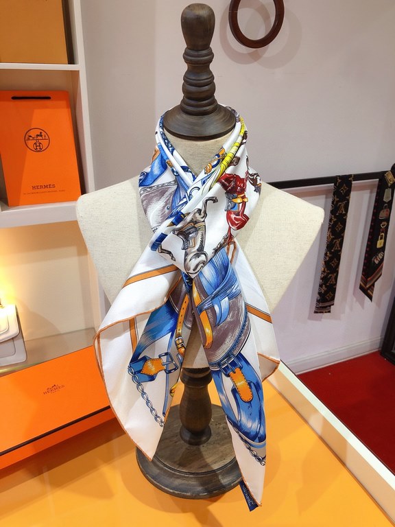 SHMS2272  Hermès [Stallions in Parade] 90cm silk square scarf draws its inspiration from catalog albums of equestrian paraphernalia published in the 19th century to create this image. The colorful objects hover around th