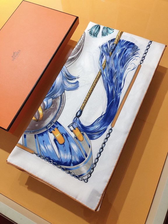 SHMS2272  Hermès [Stallions in Parade] 90cm silk square scarf draws its inspiration from catalog albums of equestrian paraphernalia published in the 19th century to create this image. The colorful objects hover around th