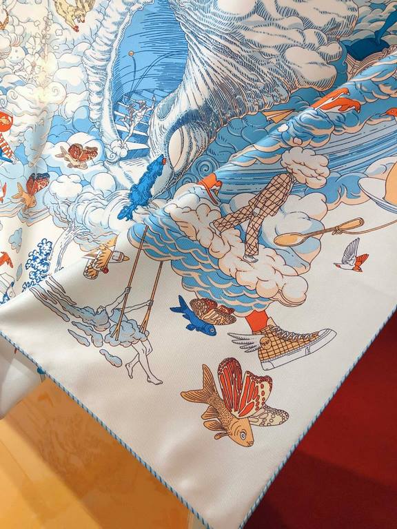 SHMS2278 Hermes [My Everything Among the Clouds] 90cm Silk Square Scarf, Is that a fish with butterfly wings Is that a carrot growing in the sky The two rabbits discuss these questions passionately, surrounded by a spiri