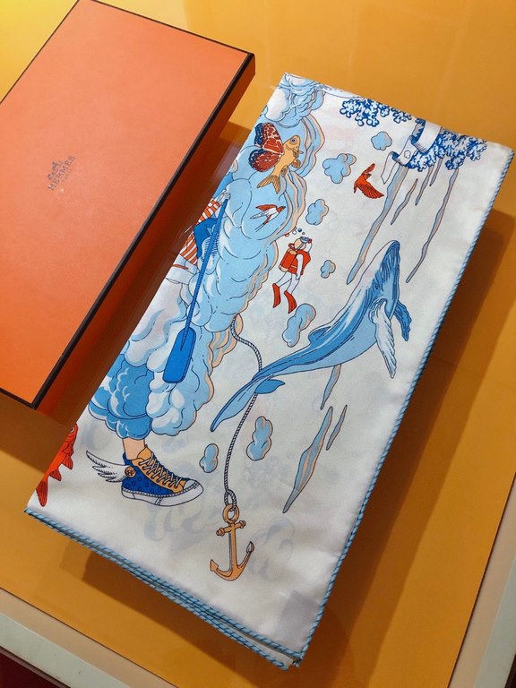 SHMS2278 Hermes [My Everything Among the Clouds] 90cm Silk Square Scarf, Is that a fish with butterfly wings Is that a carrot growing in the sky The two rabbits discuss these questions passionately, surrounded by a spiri