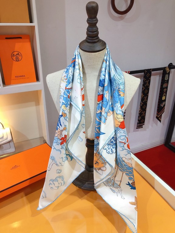 SHMS2278 Hermes [My Everything Among the Clouds] 90cm Silk Square Scarf, Is that a fish with butterfly wings Is that a carrot growing in the sky The two rabbits discuss these questions passionately, surrounded by a spiri