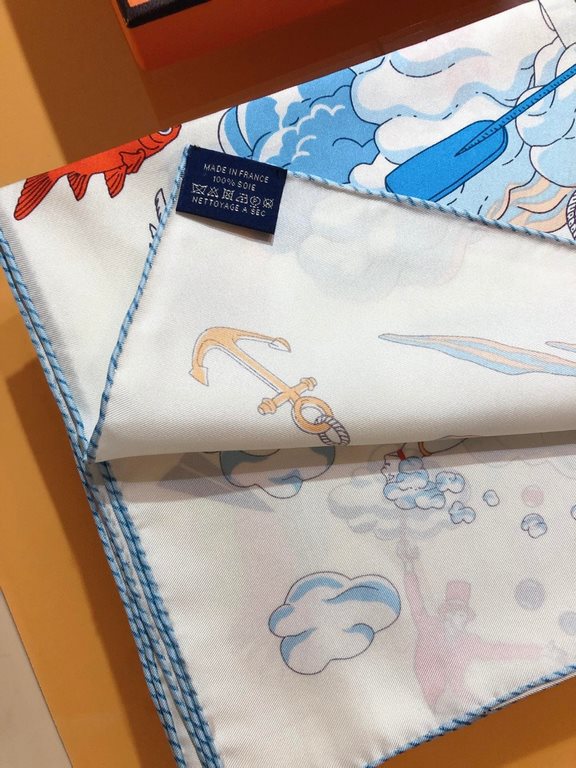 SHMS2278 Hermes [My Everything Among the Clouds] 90cm Silk Square Scarf, Is that a fish with butterfly wings Is that a carrot growing in the sky The two rabbits discuss these questions passionately, surrounded by a spiri