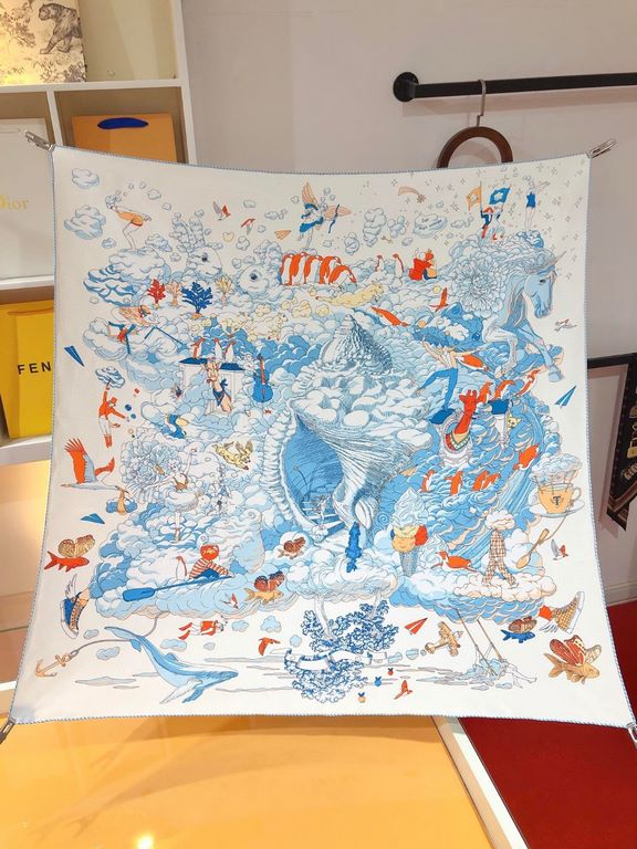 SHMS2278 Hermes [My Everything Among the Clouds] 90cm Silk Square Scarf, Is that a fish with butterfly wings Is that a carrot growing in the sky The two rabbits discuss these questions passionately, surrounded by a spiri