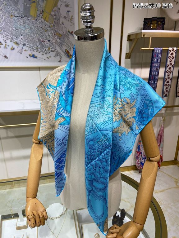 Silk new   bought said good-looking   recommended   [Tropical Rainforest 90] silk square scarf, the top process value   Hermes counter models     three-dimensional rendering of the pattern pattern in kind grade is extrem