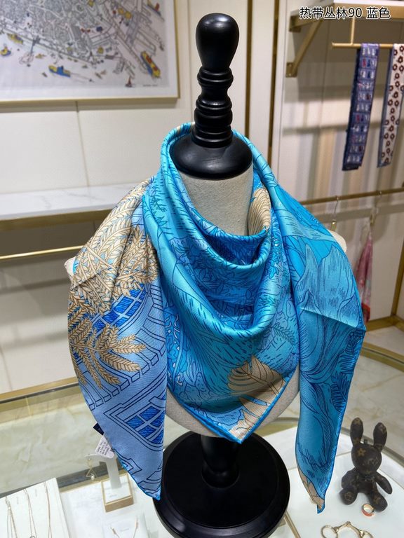 Silk new   bought said good-looking   recommended   [Tropical Rainforest 90] silk square scarf, the top process value   Hermes counter models     three-dimensional rendering of the pattern pattern in kind grade is extrem